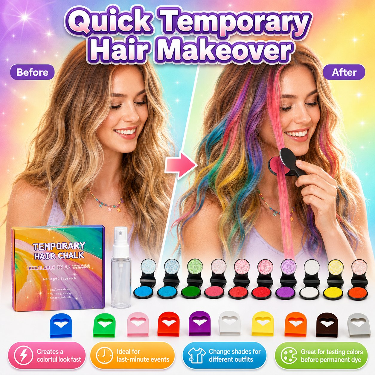 12-Color Temporary Hair Chalk Applicator Set