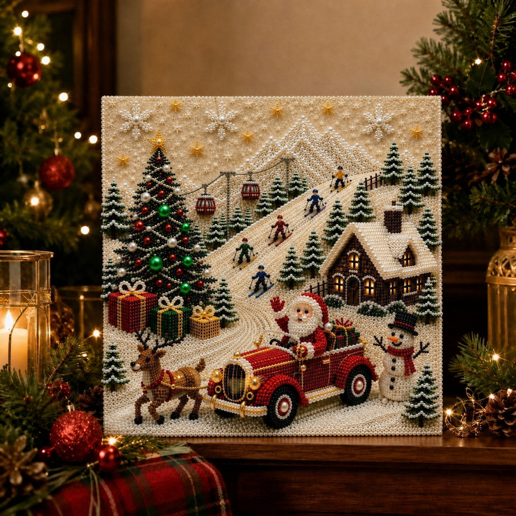 🎄🎅 Premium 3D Pearl Christmas Wall Art Kit | Luxury Flocked Canvas with Scratch-Resistant Non-Fading Pearl Beads DIY Holiday Decor ⛄️❄️