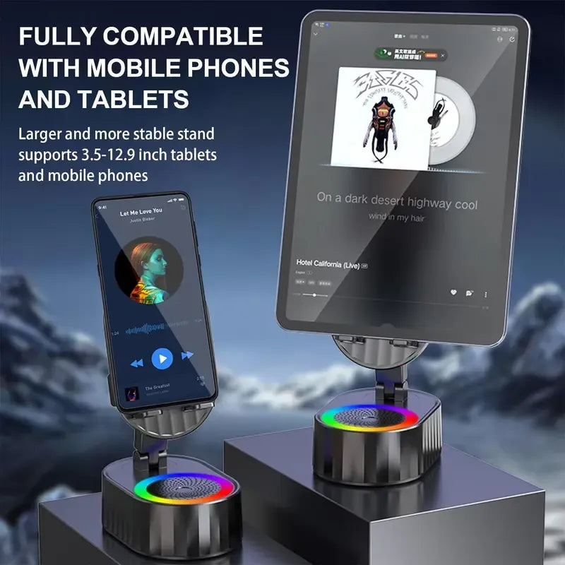🎵 5-in-1 Wireless Induction Audio Bluetooth Speaker & Phone Holder – 3000mAh Rechargeable Power Bank with Colorful Ambient Light, 300° Foldable Stand for Smartphone & Tablet