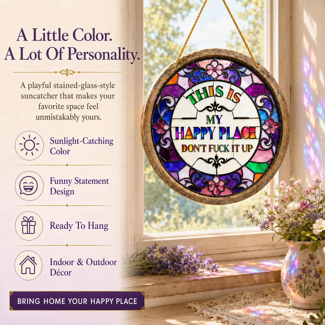 Stained Glass-Style Happy Place Hanging Suncatcher | Sunlight-Catching Quote Decor for Windows, Porches, Patios & Gifts ✨