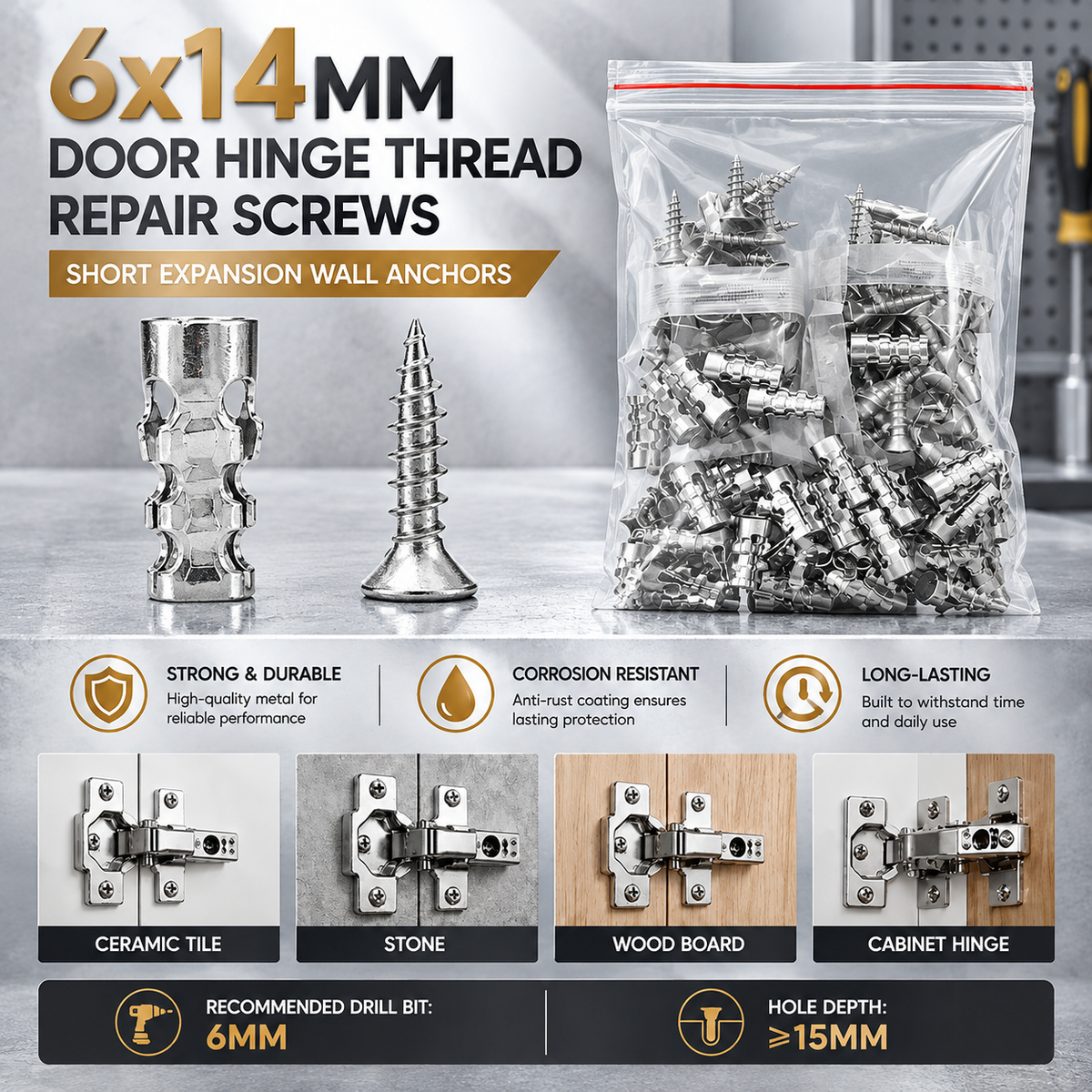 High Strength Hinge Repair Screws | 6×14mm Door Hinge Thread Repair Screws Kit