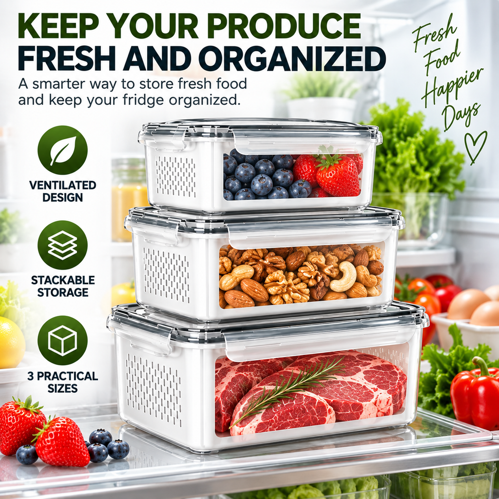 3 Piece Fresh Produce Storage Containers with Ventilated Baskets