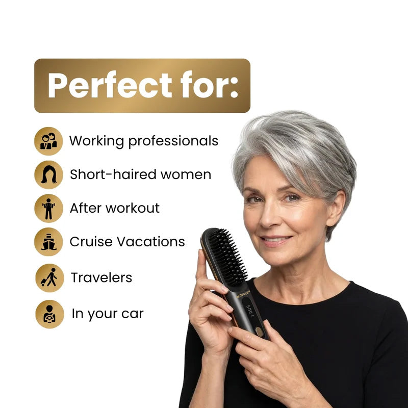 Black Compact Portable Heated Comb Straightener - USB Type-C Charge, 3 Heat Modes, Lightweight Wireless Adjustable Tool for Smooth, Frizz-Free Hair (Portable Hair Straightener for Travel)