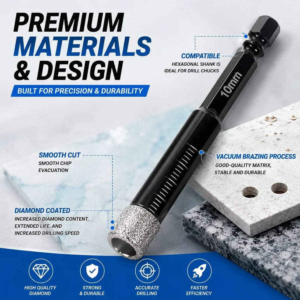 6 Pcs Diamond Drill Bits Set, 1/4 5/6 3/8 1/2 Inch Brazed Diamond Drill Bits for Precision Drilling in Tile Ceramic Glass Granite Marble Masonry