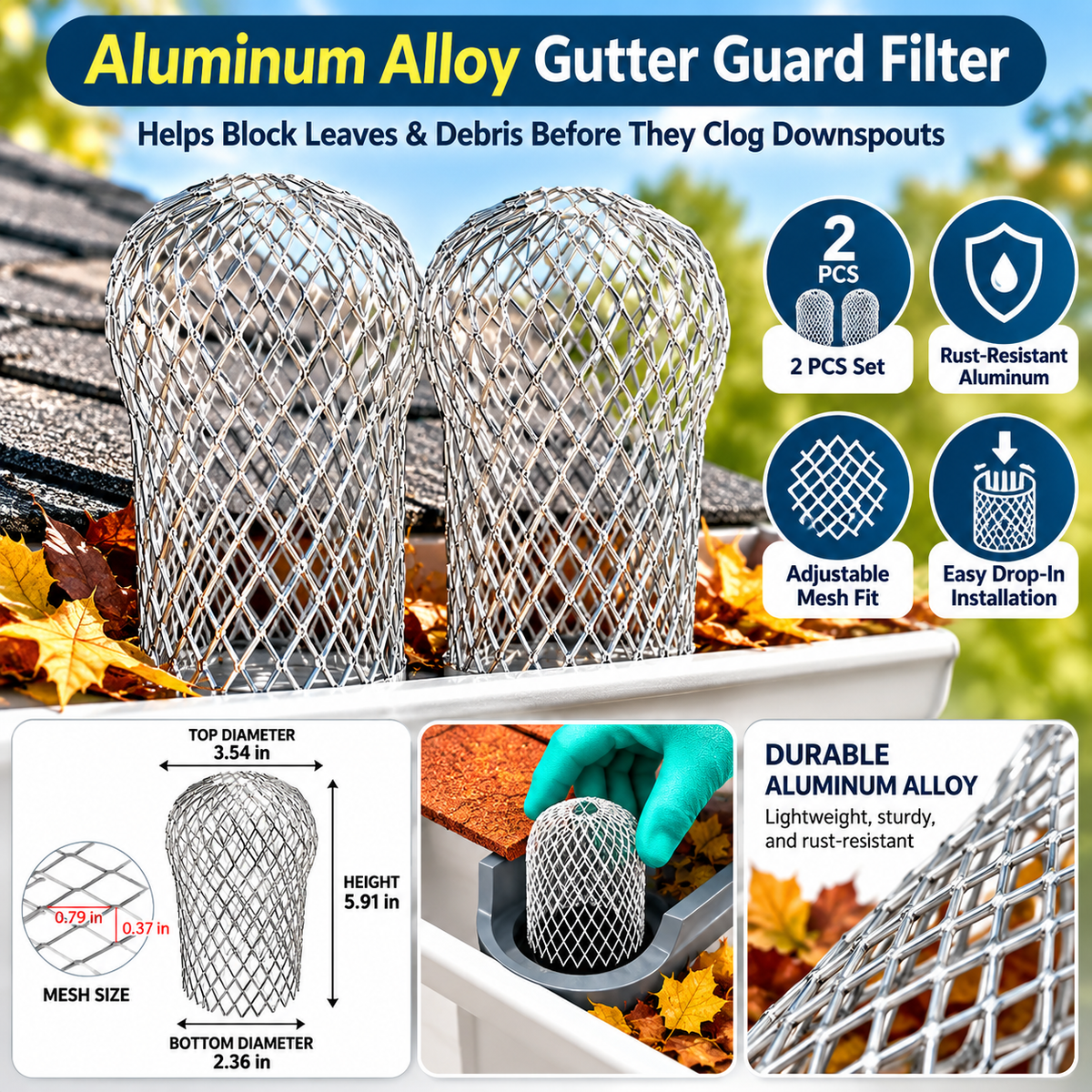 2-Pack Aluminum Gutter Downspout Guards – Adjustable Leaf & Debris Strainer for Rain Gutters