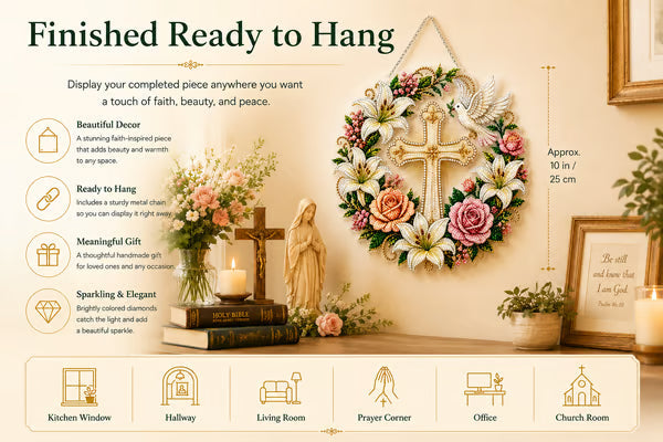 ✝️💐 Cross, Flowers & Dove Diamond Art Hanging Ornament Kit – A Relaxing DIY Craft Filled with Faith & Peace ✨🙏