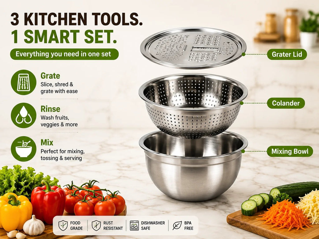 🔥Hot Sale 50% OFF 🎁3-in-1 Stainless Steel Kitchen Prep Set – Grater, Colander & Mixing Bowl