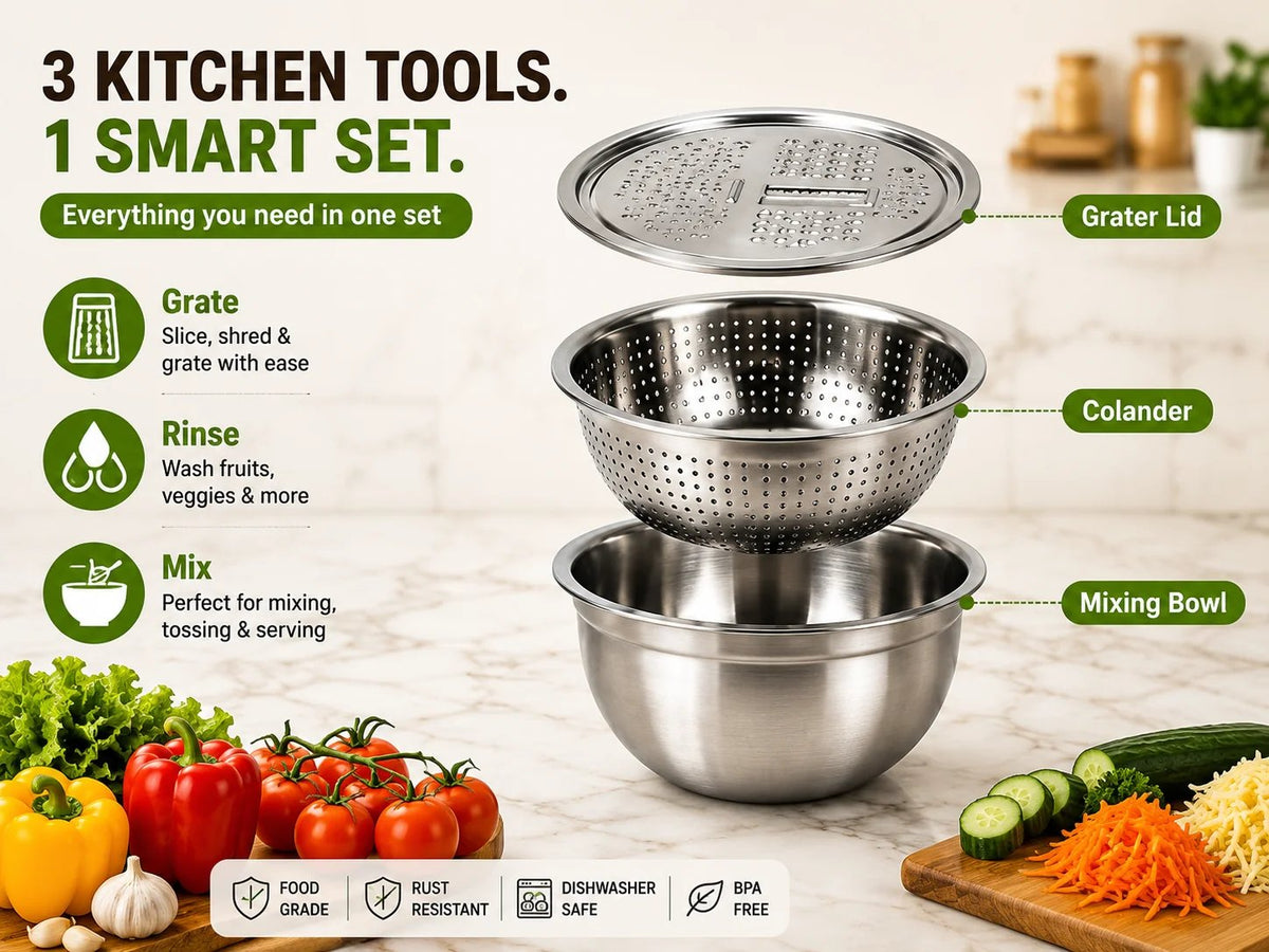 🔥Hot Sale 50% OFF 🎁3-in-1 Stainless Steel Kitchen Prep Set – Grater, Colander & Mixing Bowl