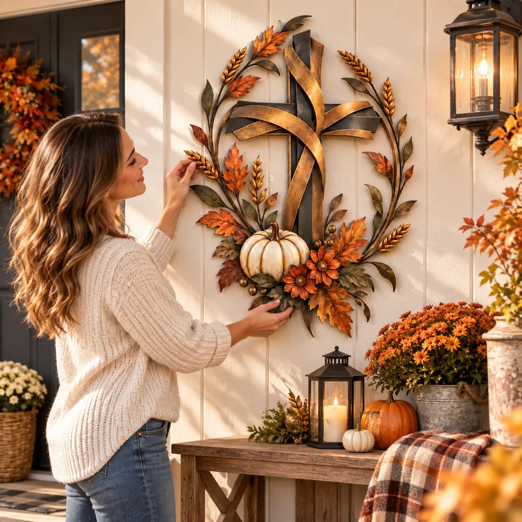 🎃Halloween Deal 50% OFF! ✝️🍂 Autumn Cross & Pumpkin Harvest Metal Wall Decor