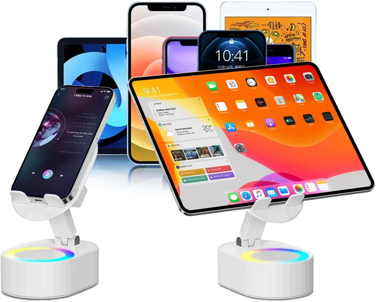 🎵 5-in-1 Wireless Induction Audio Bluetooth Speaker & Phone Holder – 3000mAh Rechargeable Power Bank with Colorful Ambient Light, 300° Foldable Stand for Smartphone & Tablet