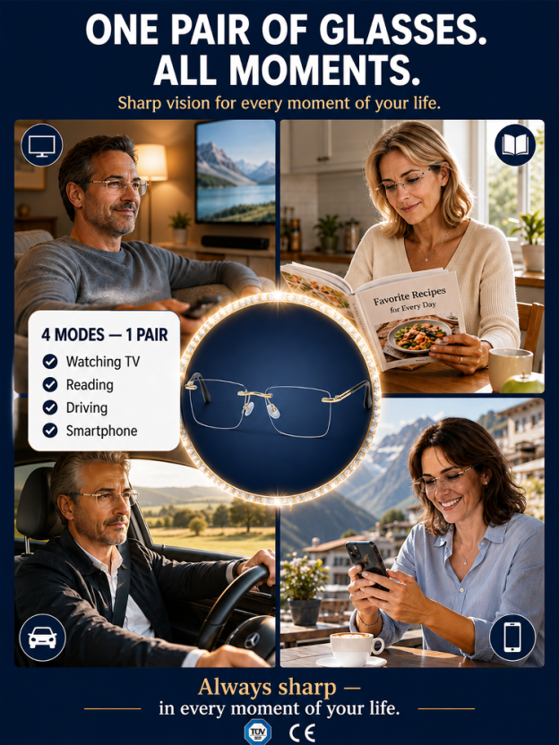 👓 Auto-Adjusting Focus: See clearly near and far without swapping glasses.