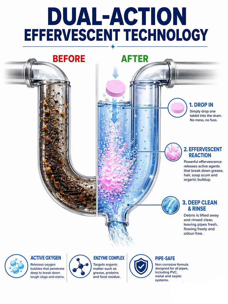 🚀 Instant Dredge Tablet: 1 tab to free-flowing drains, No more clogged pipes!