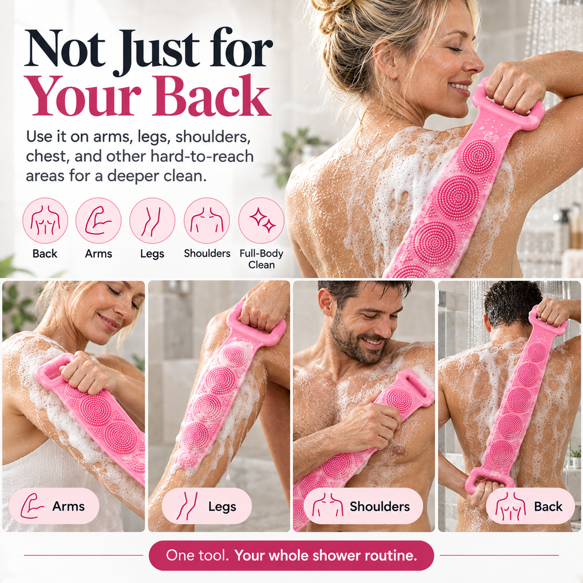 Silicone Back Scrubber Belt – Exfoliating Shower Strap with Easy-Grip Handles