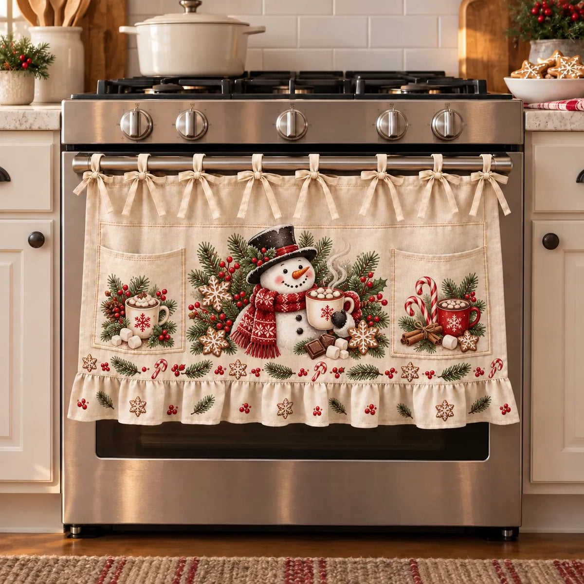 🎄 Christmas Kitchen Tie-On Skirt | Festive Holiday Designs with Pockets & Ruffled Trim ✨
