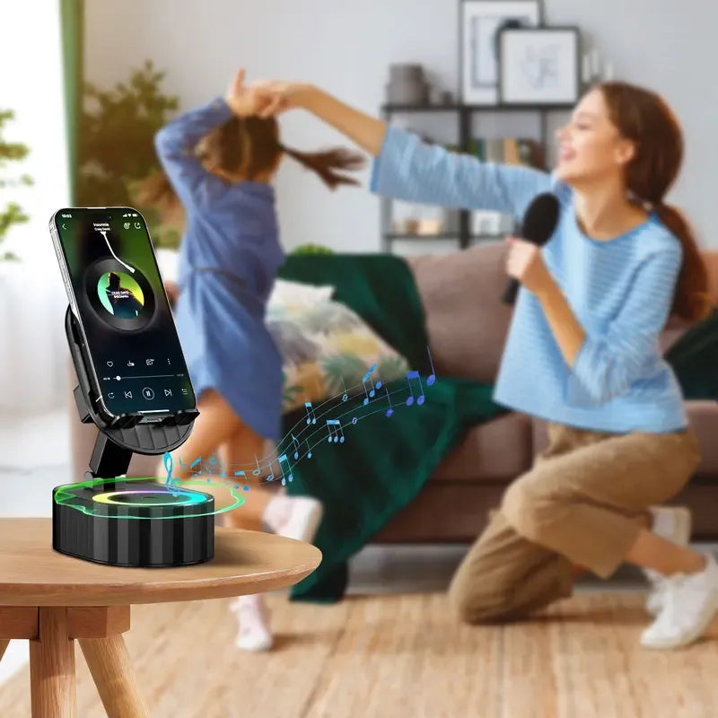 🎵 5-in-1 Wireless Induction Audio Bluetooth Speaker & Phone Holder – 3000mAh Rechargeable Power Bank with Colorful Ambient Light, 300° Foldable Stand for Smartphone & Tablet