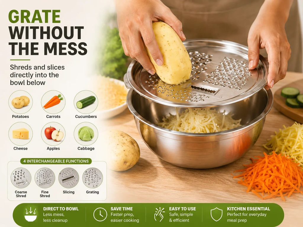 🔥Hot Sale 50% OFF 🎁3-in-1 Stainless Steel Kitchen Prep Set – Grater, Colander & Mixing Bowl
