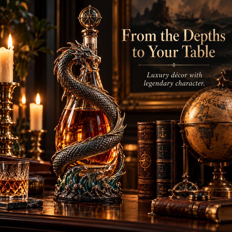 Leviathan Coil Dragon Decanter™ — Whiskey Decanter with Compass Stopper & Sculpted Dragon Design（No liquid included）