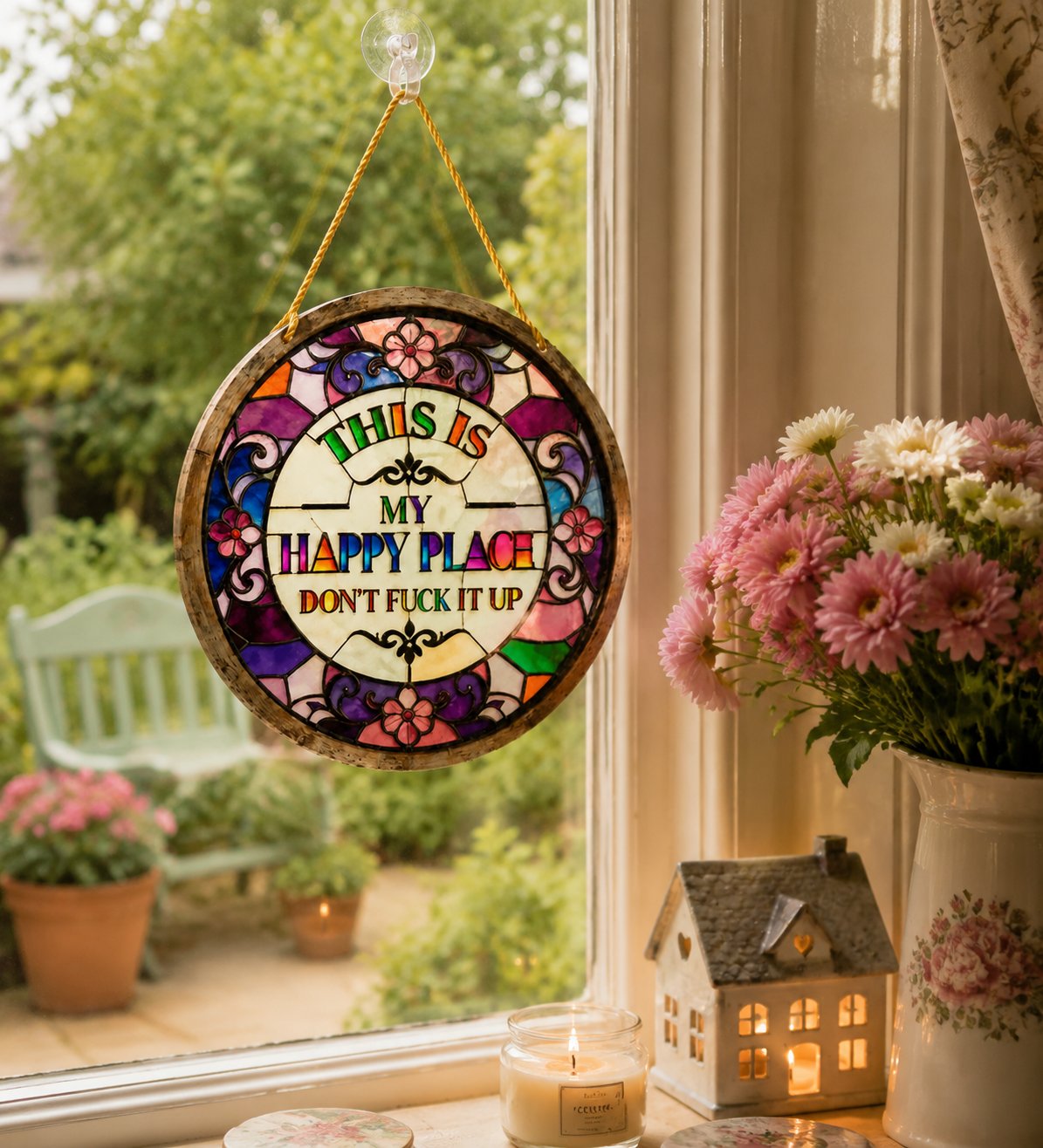 Stained Glass-Style Happy Place Hanging Suncatcher | Sunlight-Catching Quote Decor for Windows, Porches, Patios & Gifts ✨