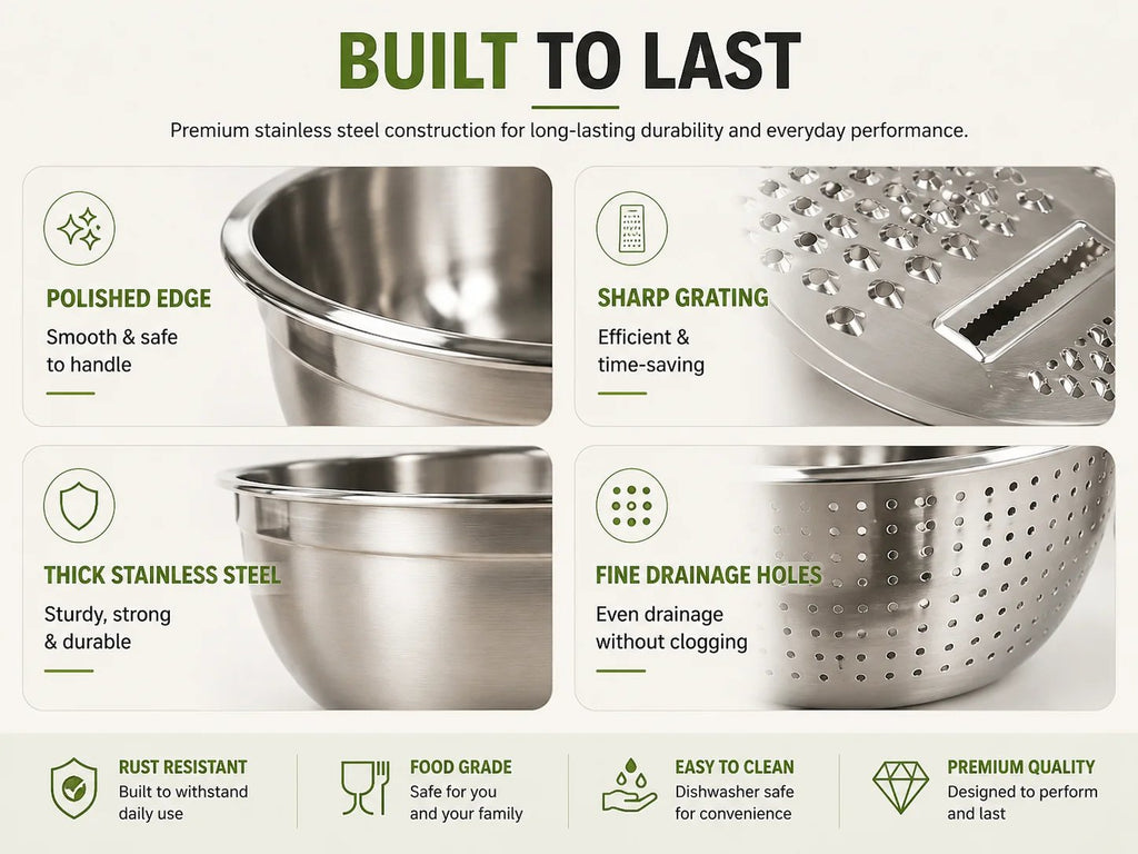 🔥Hot Sale 50% OFF 🎁3-in-1 Stainless Steel Kitchen Prep Set – Grater, Colander & Mixing Bowl