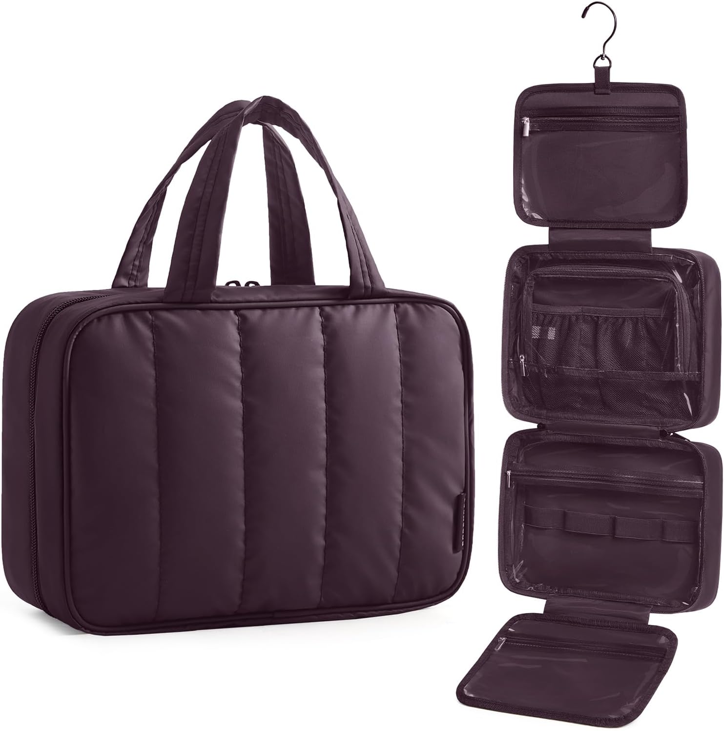 Travel Toiletry Bag for women, Portable Hanging Hook Makeup Bag Organizer, Waterproof Makeup Cosmetic Bag, for Full-Size Accessories, Toiletries, Camel