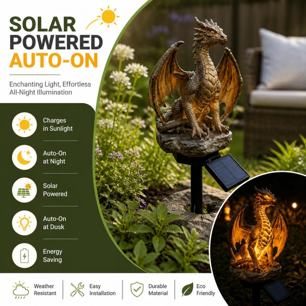 Solar Dragon Garden Statue Light – Golden Ember Fantasy Outdoor Decor