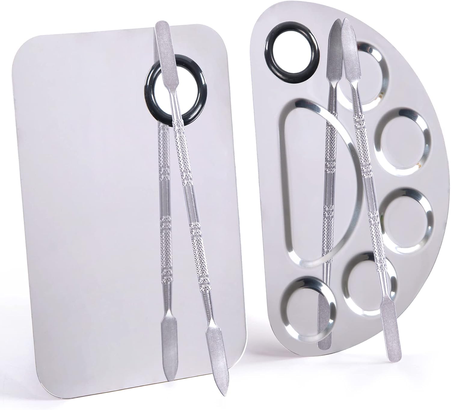 Stainless Steel Metal Makeup Palette with Spatula Artist Tool for Mixing Foundation Nail-Art, Cosmetic Makeup Palette, Makeup Plate, 6×4"/Silver/2pcs