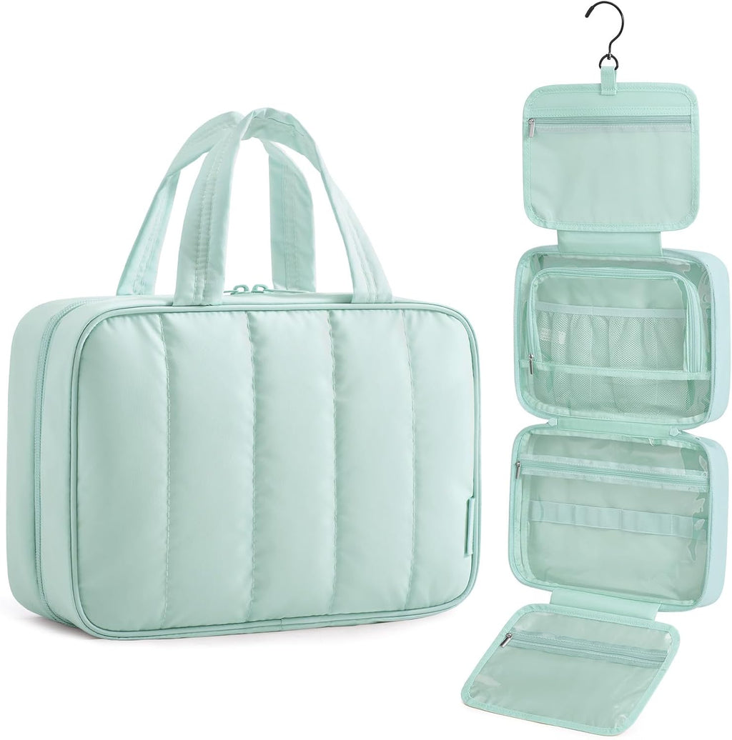 Travel Toiletry Bag for women, Portable Hanging Hook Makeup Bag Organizer, Waterproof Makeup Cosmetic Bag, for Full-Size Accessories, Toiletries, Camel