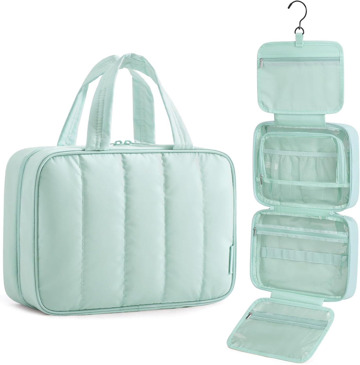 Travel Toiletry Bag for women, Portable Hanging Hook Makeup Bag Organizer, Waterproof Makeup Cosmetic Bag, for Full-Size Accessories, Toiletries, Camel