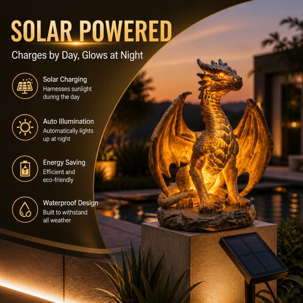 Solar Dragon Garden Statue Light – Golden Ember Fantasy Outdoor Decor
