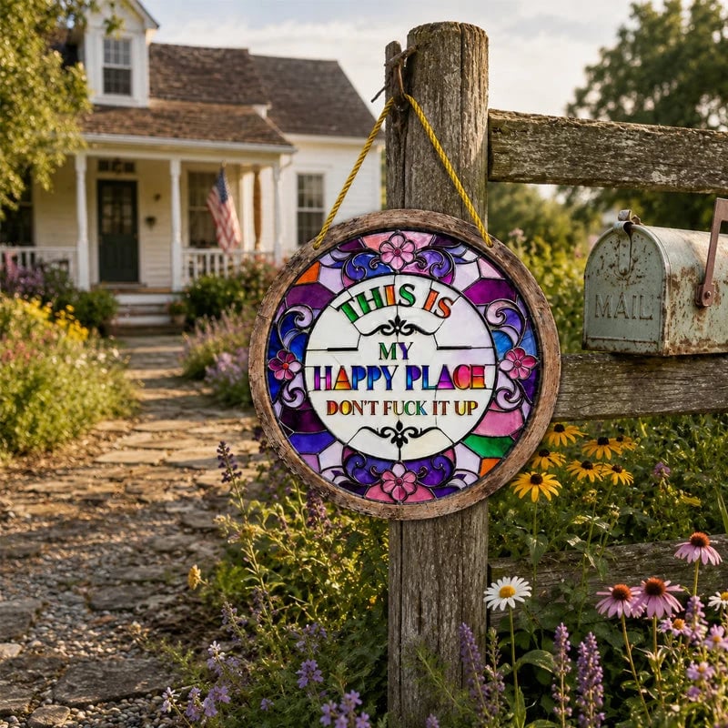 Stained Glass-Style Happy Place Hanging Suncatcher | Sunlight-Catching Quote Decor for Windows, Porches, Patios & Gifts ✨