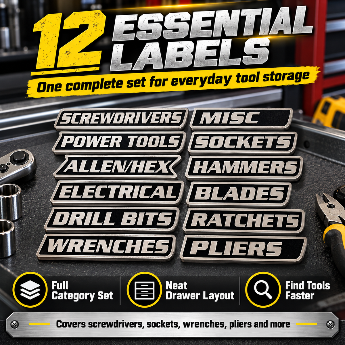 🌟12-Pack Premium Magnetic Rectangular Toolbox Labels