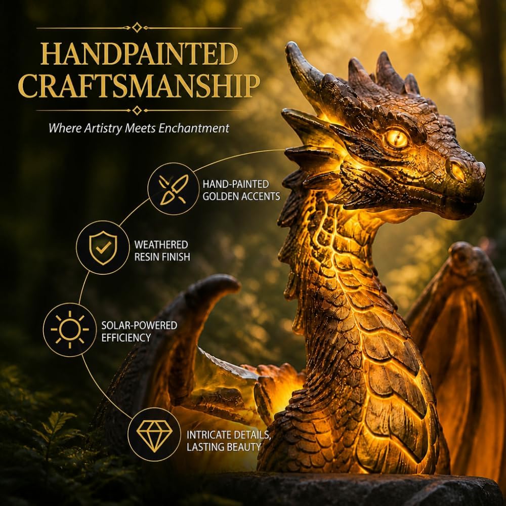 Solar Dragon Garden Statue Light – Golden Ember Fantasy Outdoor Decor
