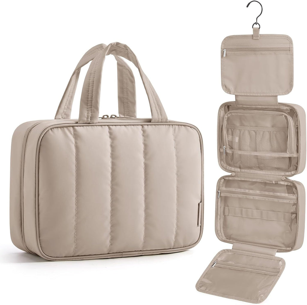 Travel Toiletry Bag for women, Portable Hanging Hook Makeup Bag Organizer, Waterproof Makeup Cosmetic Bag, for Full-Size Accessories, Toiletries, Camel