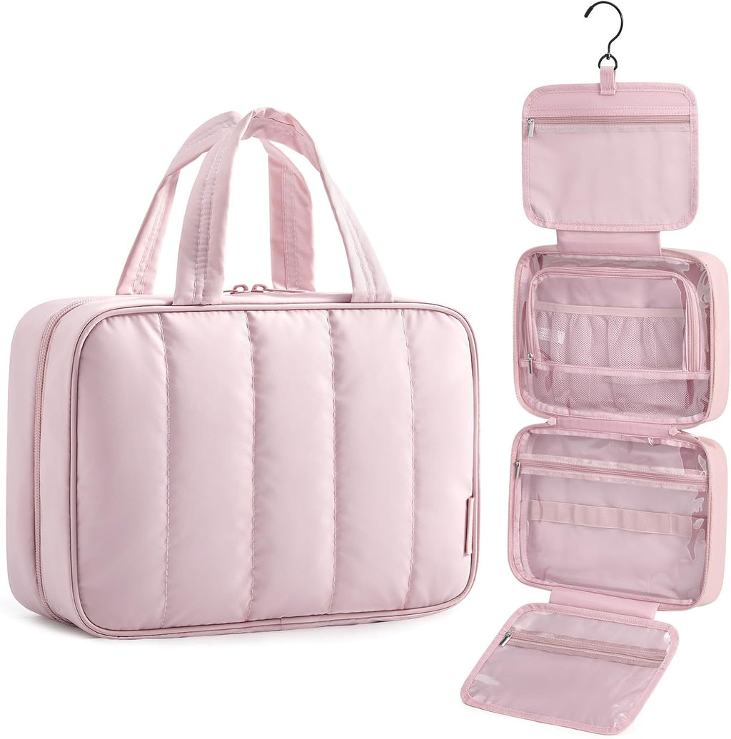 Travel Toiletry Bag for women, Portable Hanging Hook Makeup Bag Organizer, Waterproof Makeup Cosmetic Bag, for Full-Size Accessories, Toiletries, Camel