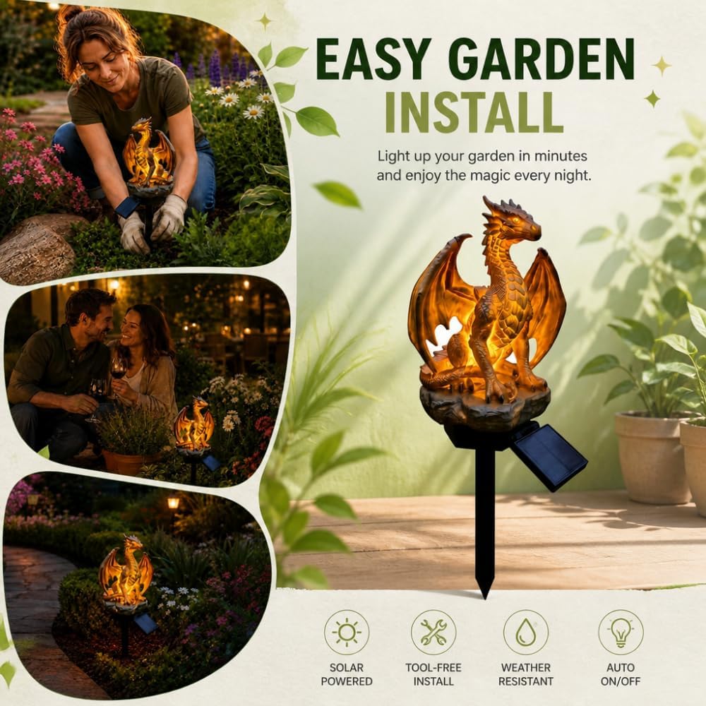Solar Dragon Garden Statue Light – Golden Ember Fantasy Outdoor Decor