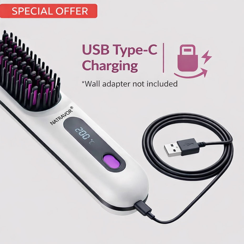 Black Compact Portable Heated Comb Straightener - USB Type-C Charge, 3 Heat Modes, Lightweight Wireless Adjustable Tool for Smooth, Frizz-Free Hair (Portable Hair Straightener for Travel)