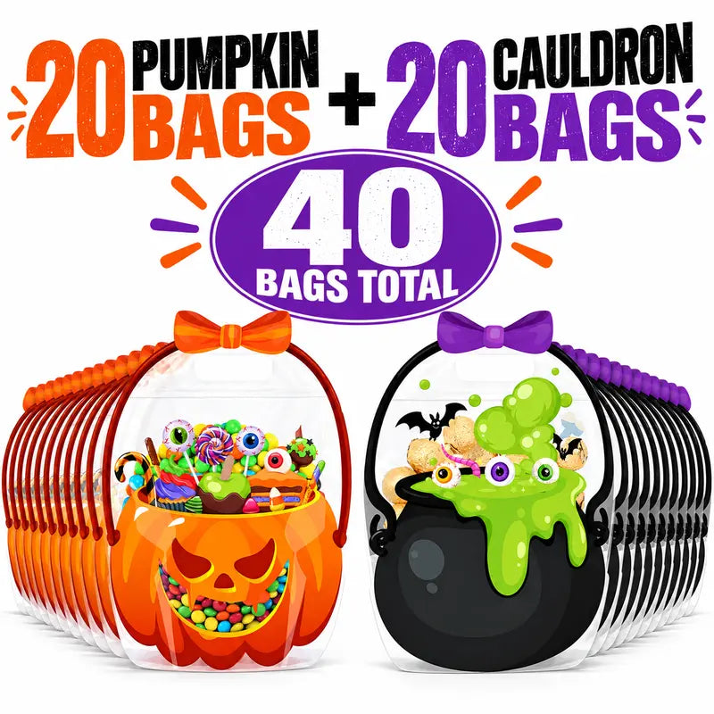 🔥LAST DAY Save 50%🔥Halloween Treat Bags with Handles– Pumpkin & Witch’s Cauldron Goodie Bags