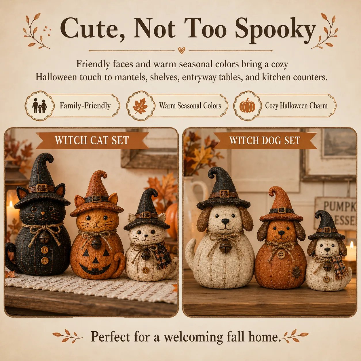 🔥🎁Vintage Witch Cat & Dog Decor Set