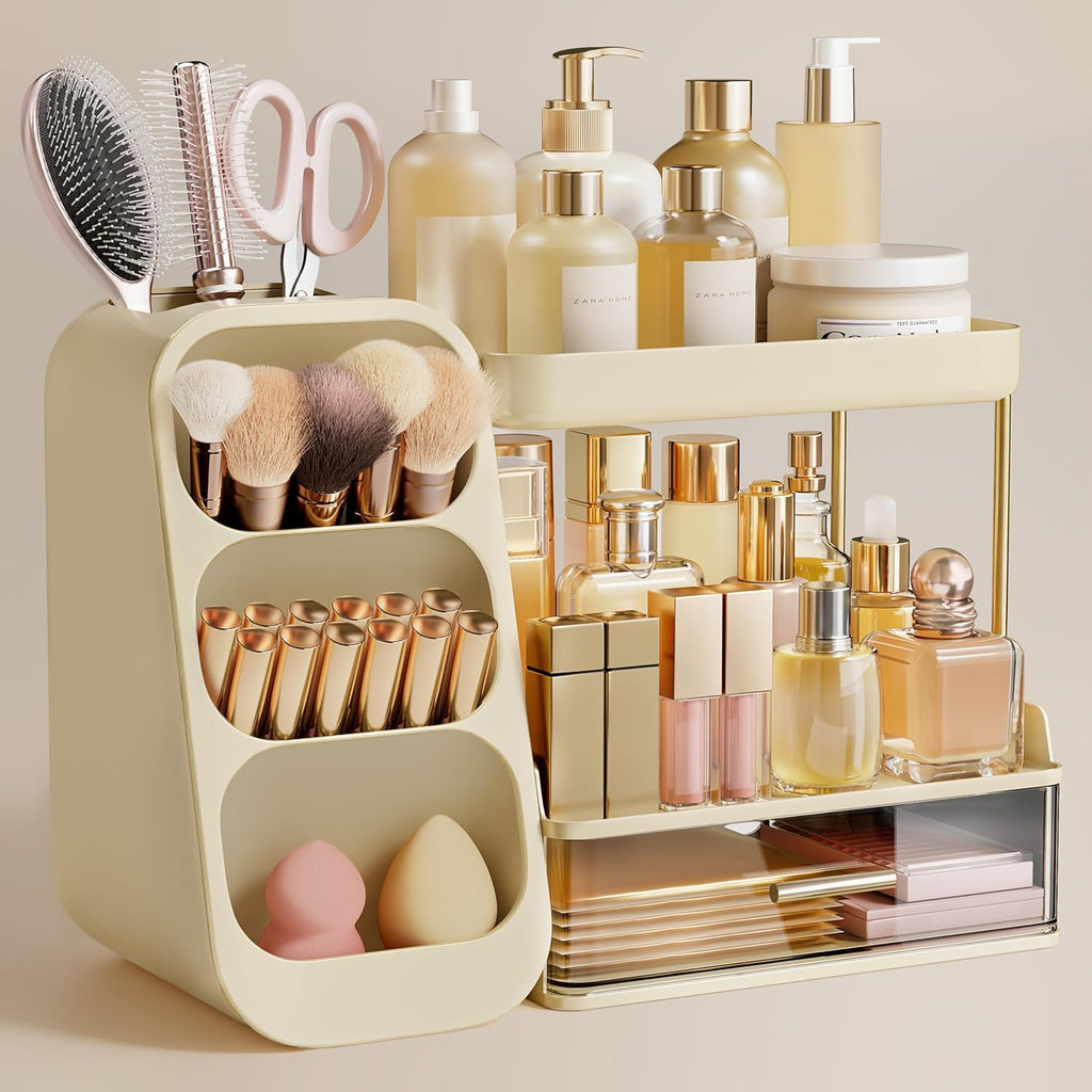 Makeup Organizer with Brush Holder for Vanity, Large Plastic Bathroom Countertop Organizer Skin Care Storage, Easy to Store Lipsticks, Nail Polishes, Perfumes, Eyeshadow Palettes, All White