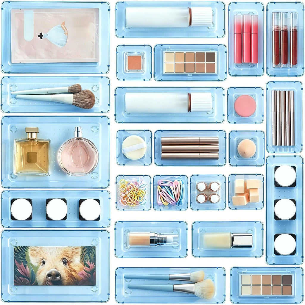 25 PCS Clear Plastic Drawer Organizers Set, 4-Size Versatile Bathroom and Vanity Drawer Organizer Trays, Storage Bins for Makeup, Bedroom, Kitchen Gadgets Utensils and Office