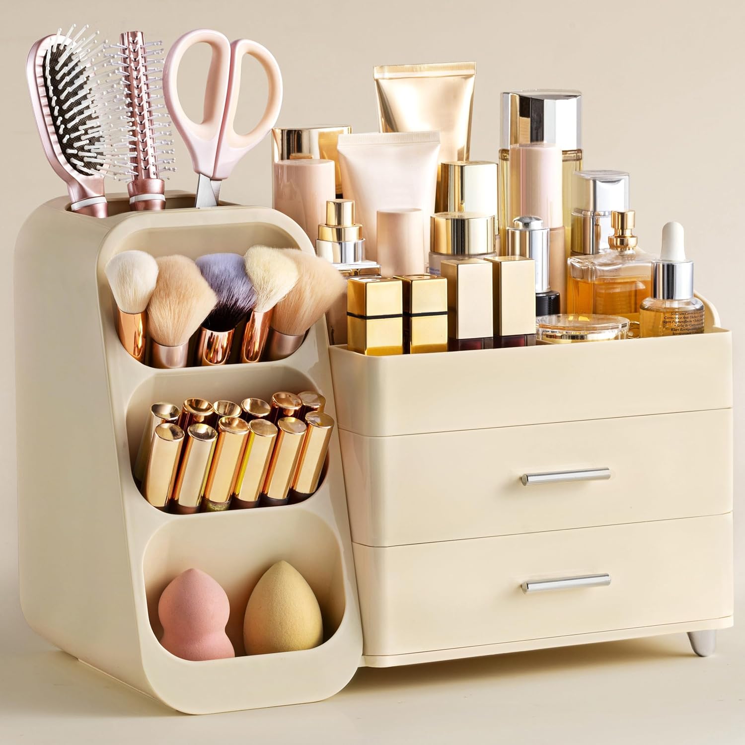 Makeup Organizer with Brush Holder for Vanity, Large Plastic Bathroom Countertop Organizer Skin Care Storage, Easy to Store Lipsticks, Nail Polishes, Perfumes, Eyeshadow Palettes, All White