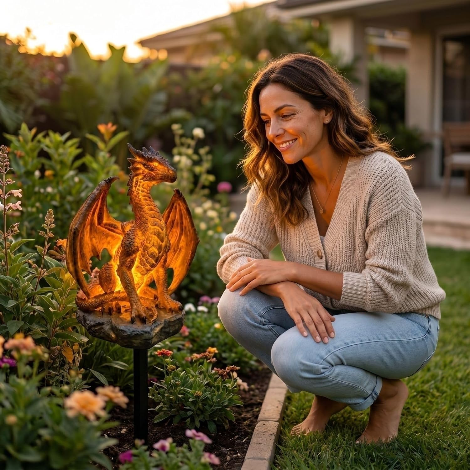 Solar Dragon Garden Statue Light – Golden Ember Fantasy Outdoor Decor