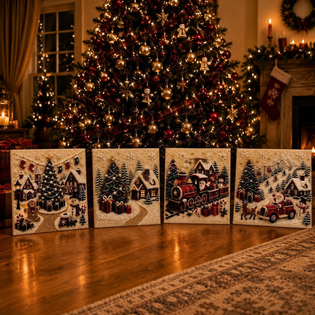 🎄🎅 Premium 3D Pearl Christmas Wall Art Kit | Luxury Flocked Canvas with Scratch-Resistant Non-Fading Pearl Beads DIY Holiday Decor ⛄️❄️