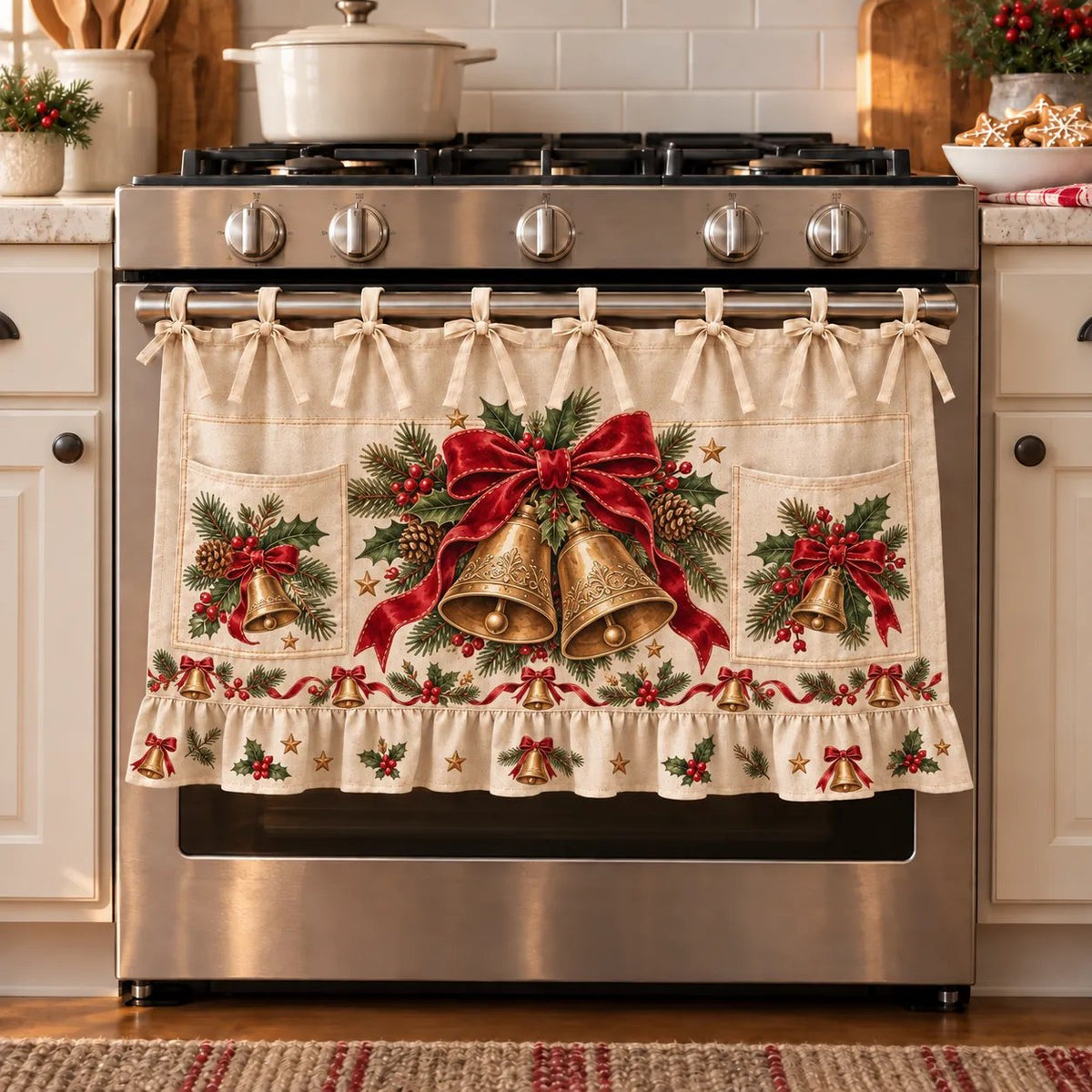 🎄 Christmas Kitchen Tie-On Skirt | Festive Holiday Designs with Pockets & Ruffled Trim ✨