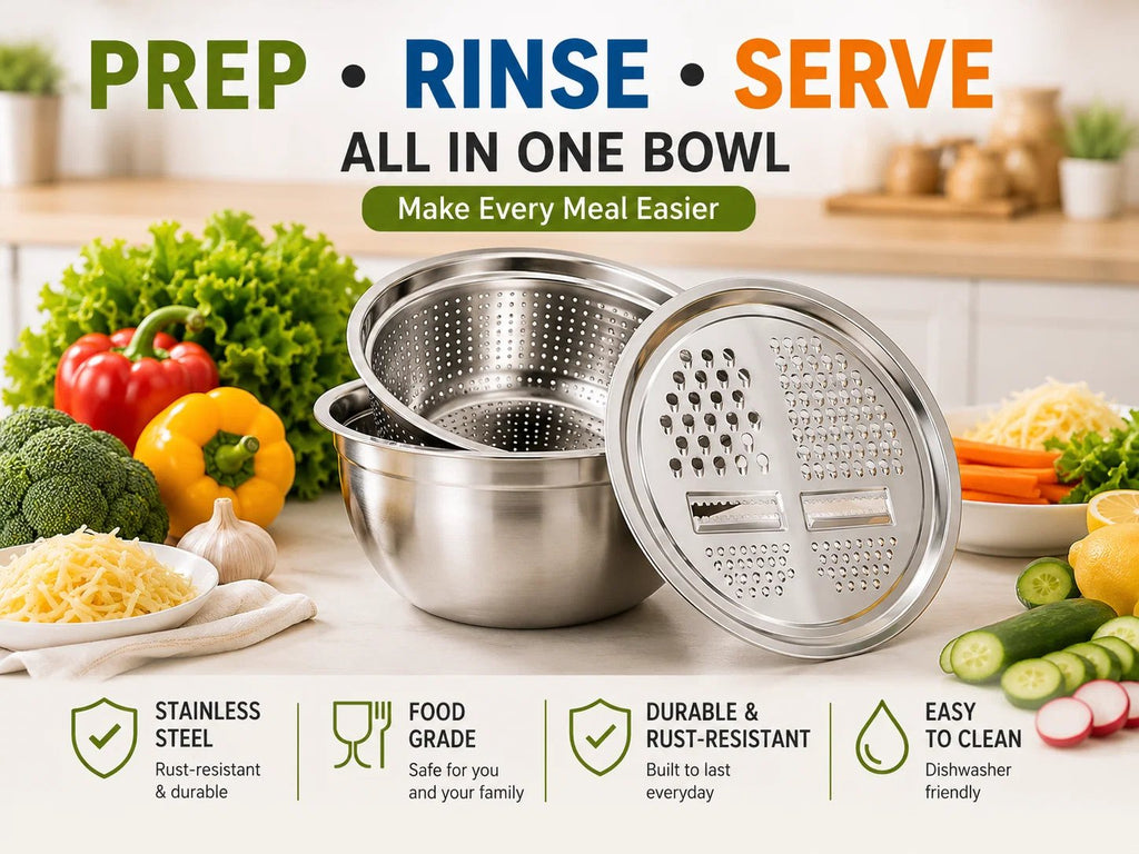 🔥Hot Sale 50% OFF 🎁3-in-1 Stainless Steel Kitchen Prep Set – Grater, Colander & Mixing Bowl