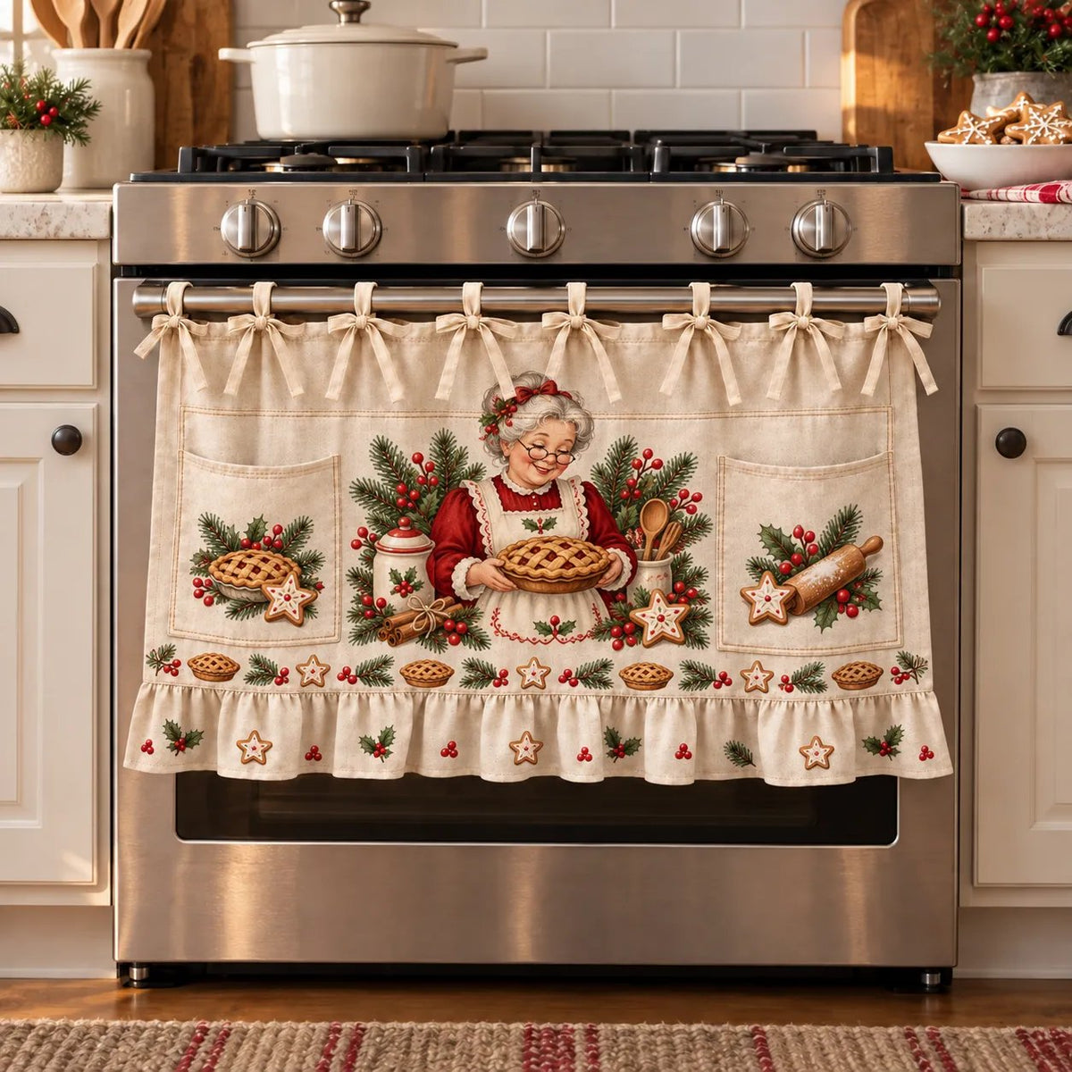 🎄 Christmas Kitchen Tie-On Skirt | Festive Holiday Designs with Pockets & Ruffled Trim ✨