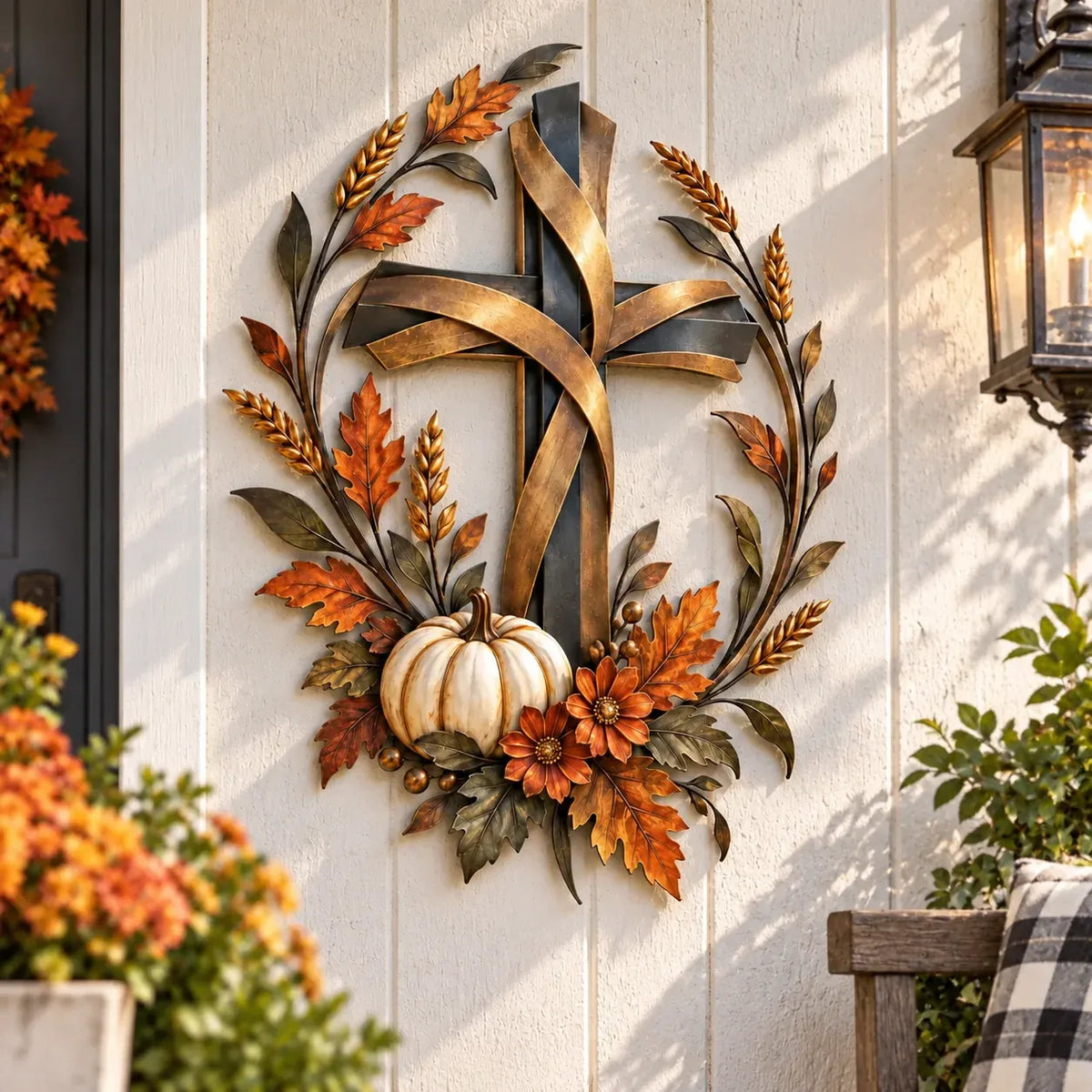 🎃Halloween Deal 50% OFF! ✝️🍂 Autumn Cross & Pumpkin Harvest Metal Wall Decor