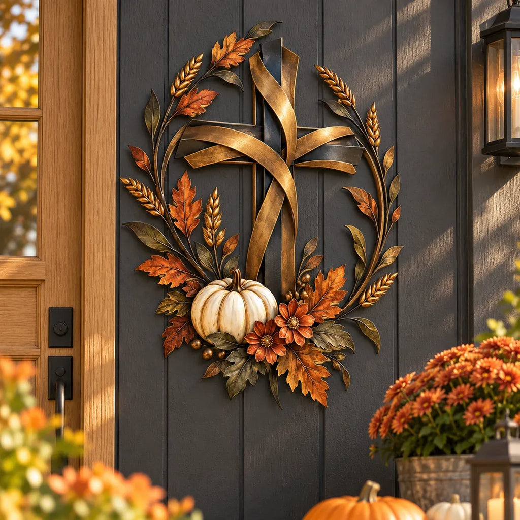 🎃Halloween Deal 50% OFF! ✝️🍂 Autumn Cross & Pumpkin Harvest Metal Wall Decor