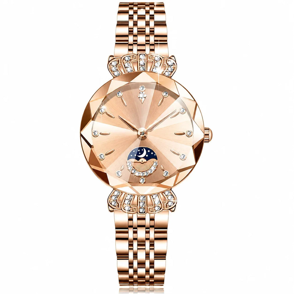 👑 Luxurious Rose Gold Crystal Quartz Watch – Diamond Cut Vintage Wristwatch✨