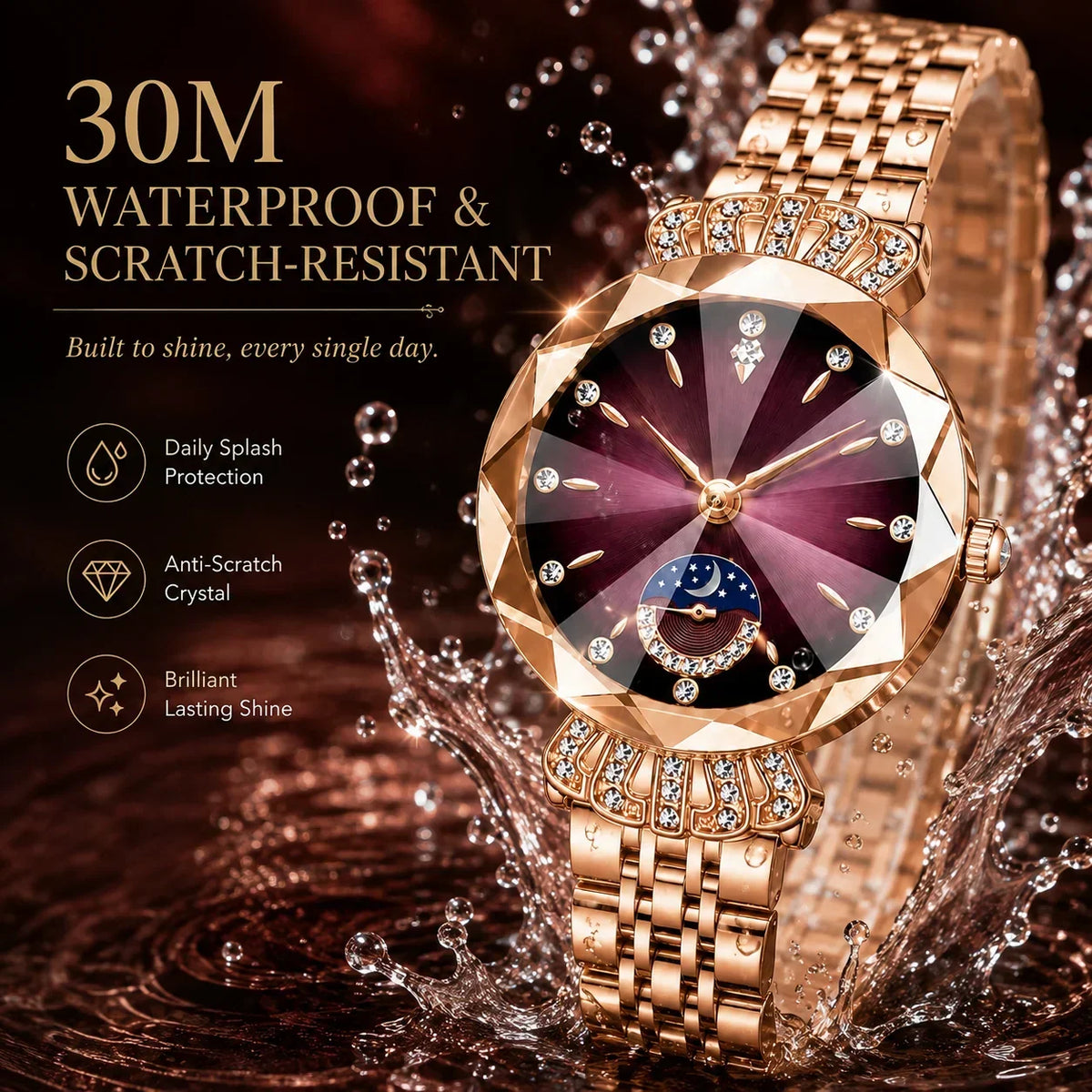👑 Luxurious Rose Gold Crystal Quartz Watch – Diamond Cut Vintage Wristwatch✨